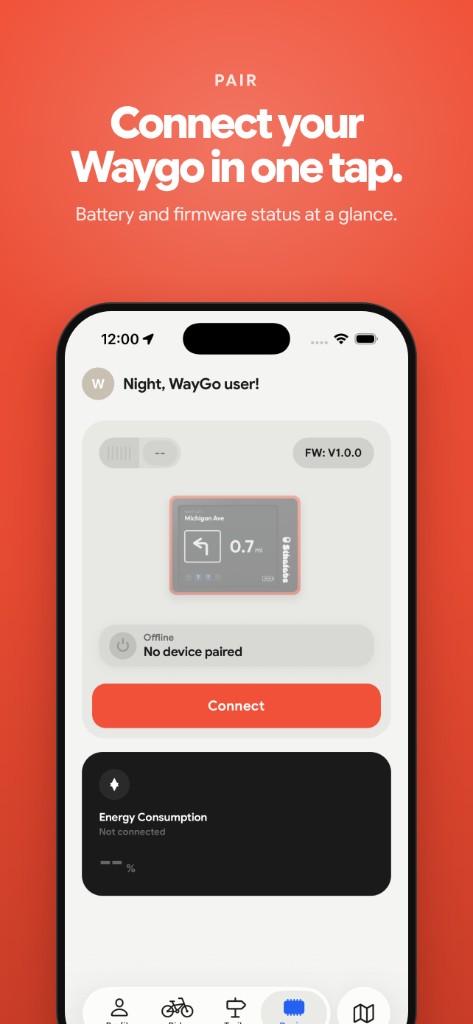 Waygo app pairing screen. Connect the device in one tap.