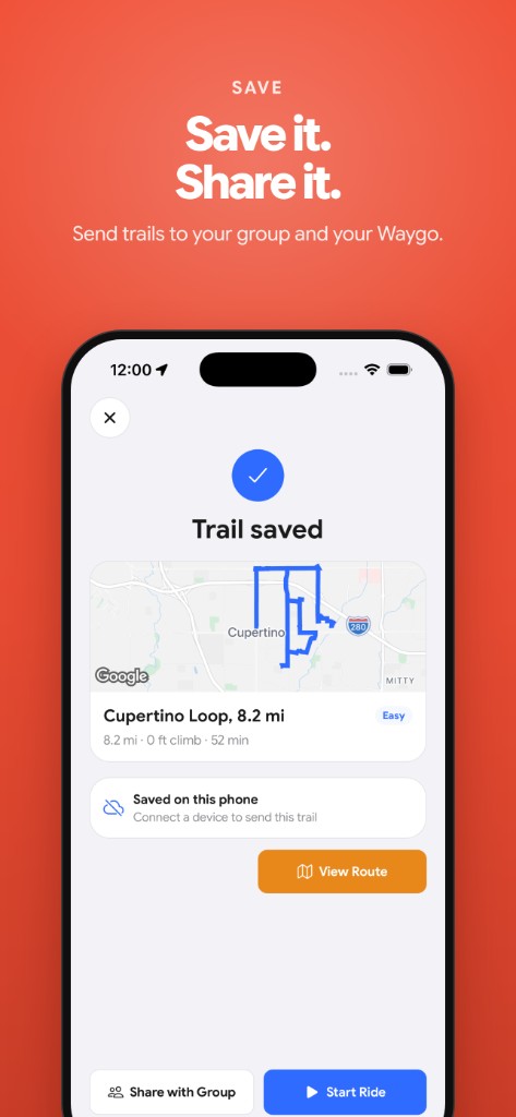 Trail saved on the phone, ready to send to Waygo.