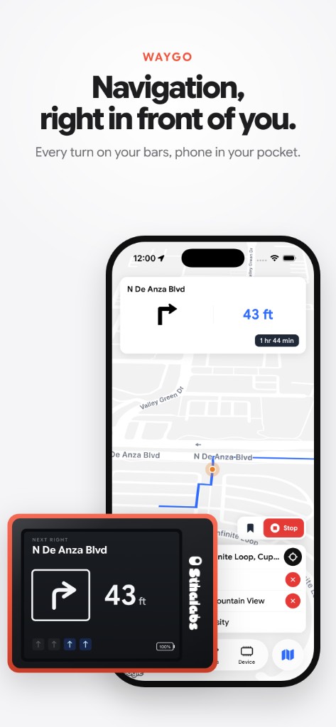 Waygo HUD and phone showing the same next turn.
